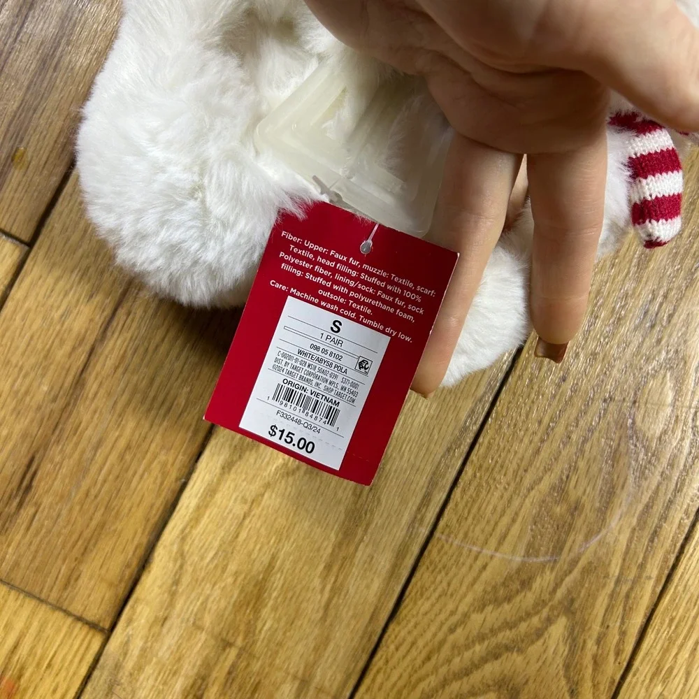 NEW Baby‎ Slippers White Bear Plush Fuzzy Red Stripe Scarf S 5/6